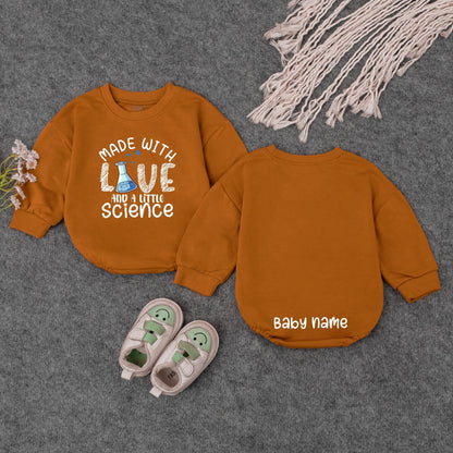 Personalized Made With Love & Science Baby Romper, Teal Hearts Cute IVF Outfit, Infertility Baby Announcement, Custom Name on Back, Baby Girl Clothes