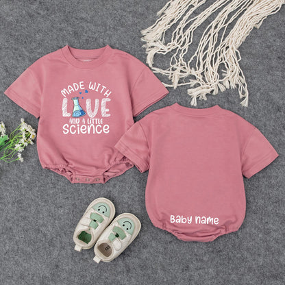 Personalized Made With Love & Science Baby Romper, Teal Hearts Cute IVF Outfit, Infertility Baby Announcement, Custom Name on Back, Baby Girl Clothes