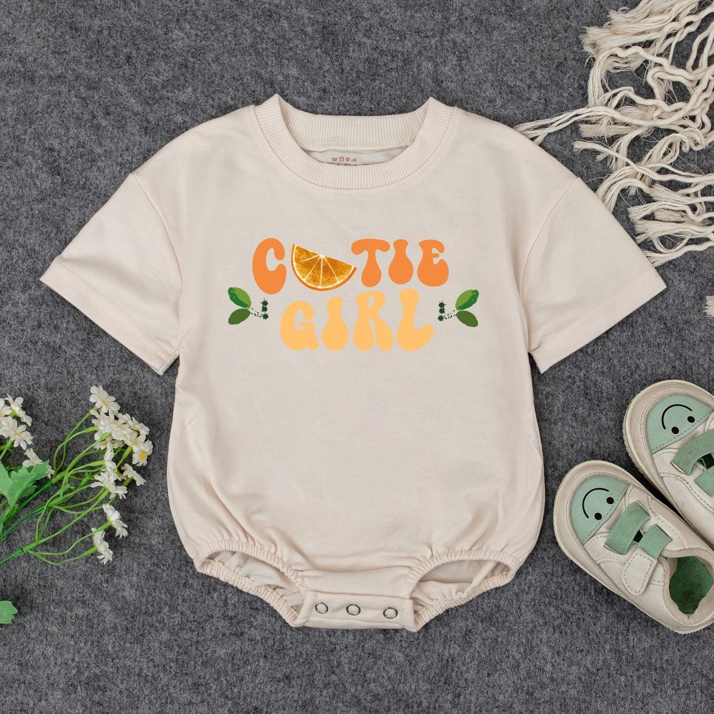 Cute Cutie Girl Baby Romper Orange Yellow Fruit Slice Retro Natural Design Toddler Outfit Gift for Newborn Daughter