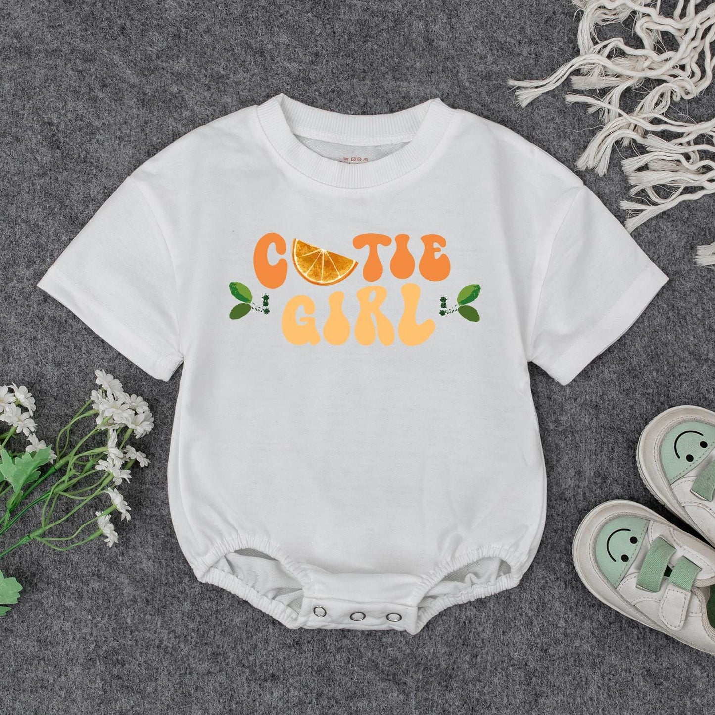 Cute Cutie Girl Baby Romper Orange Yellow Fruit Slice Retro Natural Design Toddler Outfit Gift for Newborn Daughter