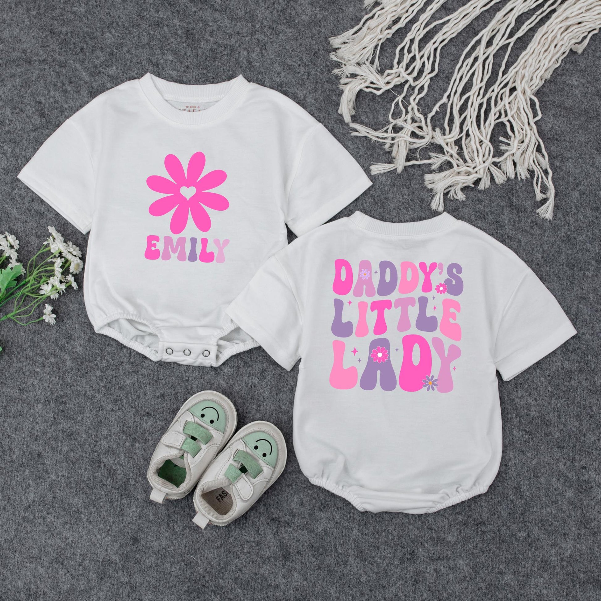 Custom Daddy's Little Lady Groovy Pink Purple Flower Baby Romper Toddler Tee Cute Fathers Day Daddy Daughter Outfit Infant Girl Gift