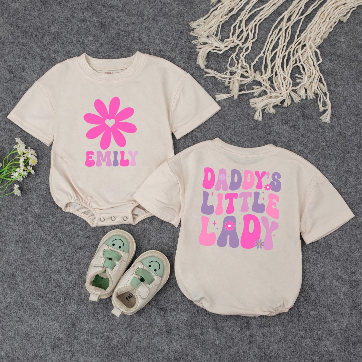 Custom Daddy's Little Lady Groovy Pink Purple Flower Baby Romper Toddler Tee Cute Fathers Day Daddy Daughter Outfit Infant Girl Gift