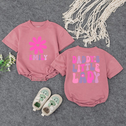 Custom Daddy's Little Lady Groovy Pink Purple Flower Baby Romper Toddler Tee Cute Fathers Day Daddy Daughter Outfit Infant Girl Gift