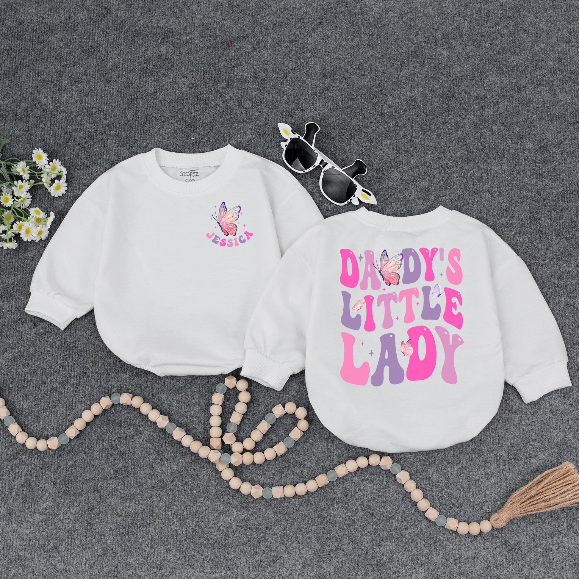 Personalized Daddy's Little Lady Romper Butterfly & Star Design Pink Purple Baby Girl Gift for Father's Day Shower