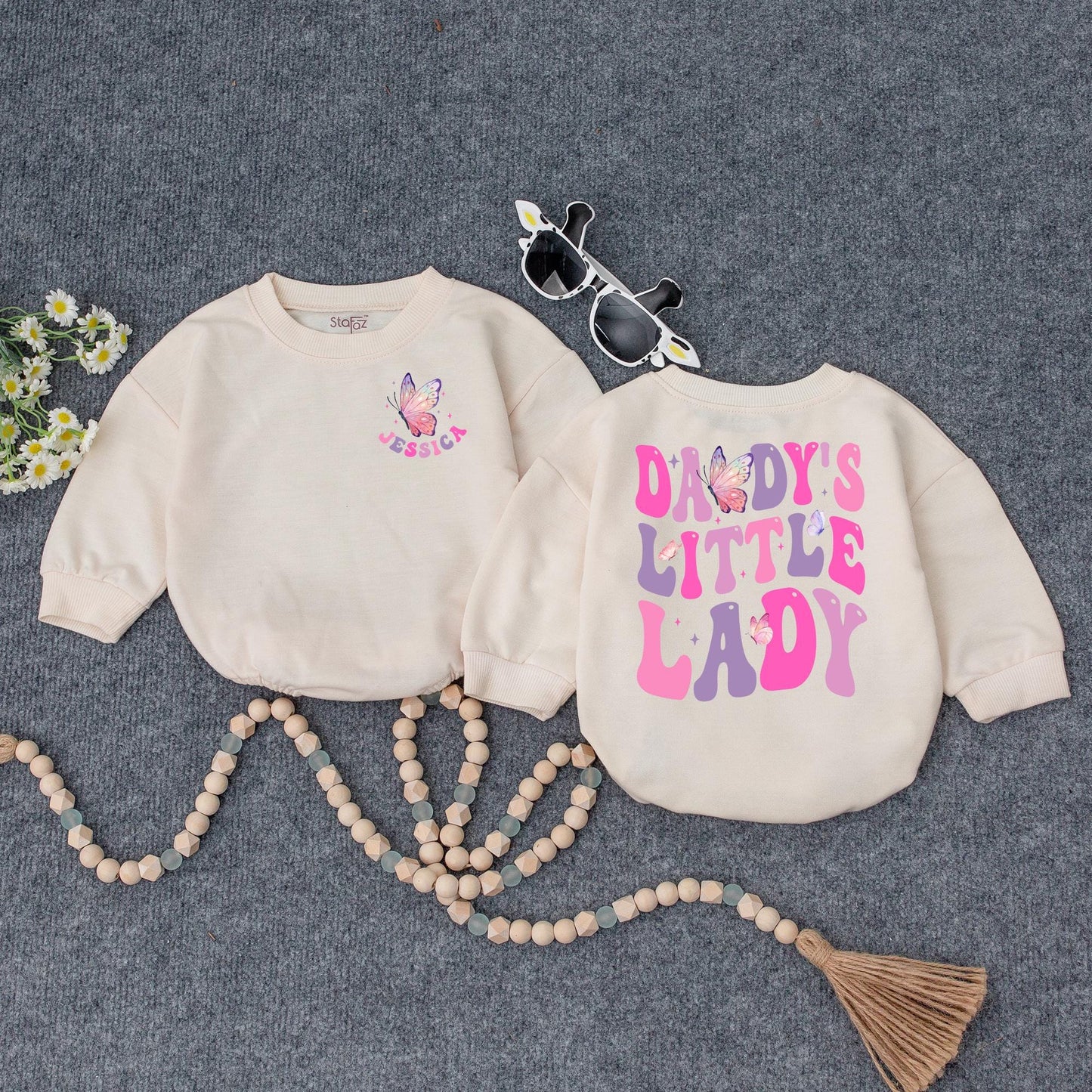 Personalized Daddy's Little Lady Romper Butterfly & Star Design Pink Purple Baby Girl Gift for Father's Day Shower