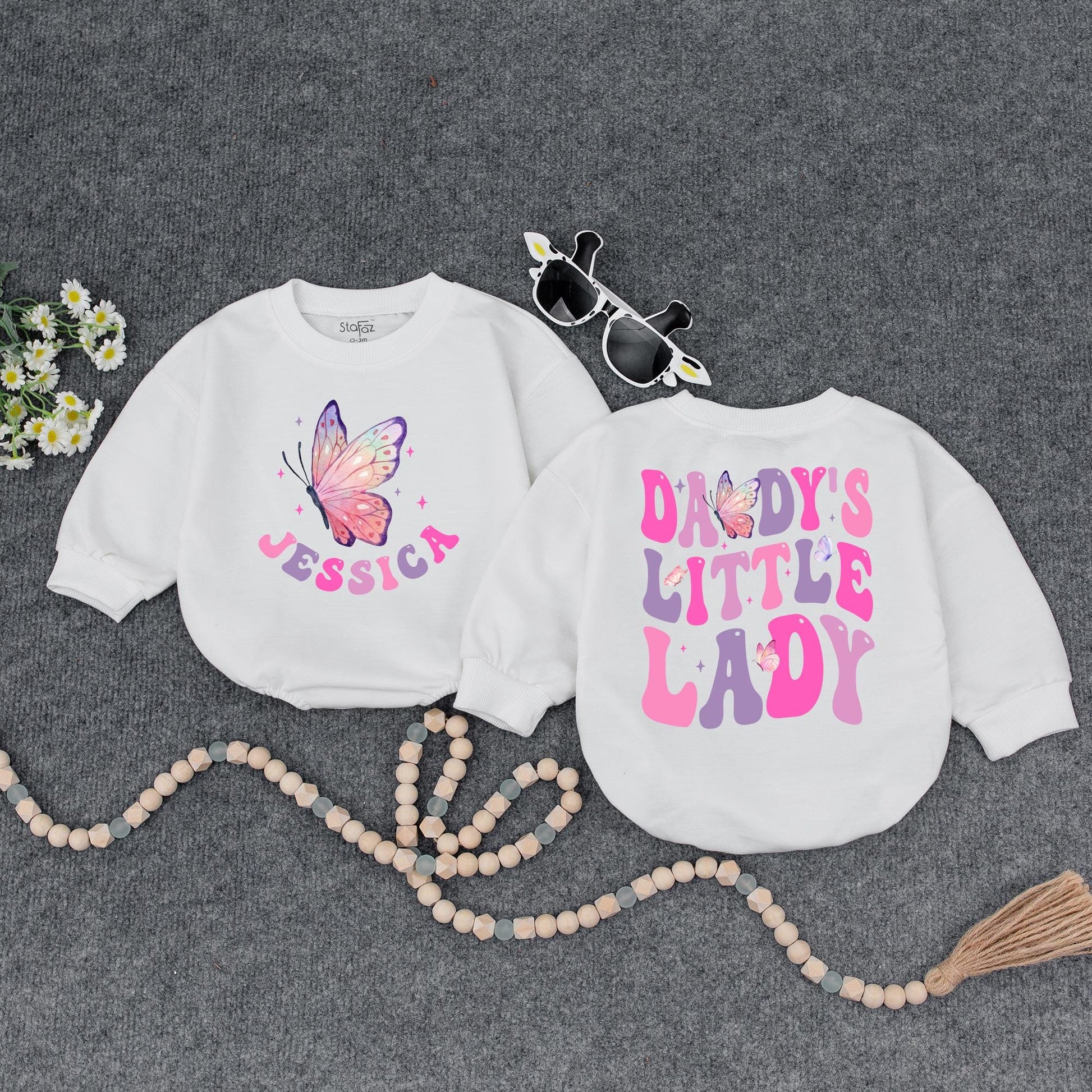 Daddy's Little Lady Baby Bubble Romper Cute Girly Personalized Name Outfit with Pink Purple Stars Father's Day Gift