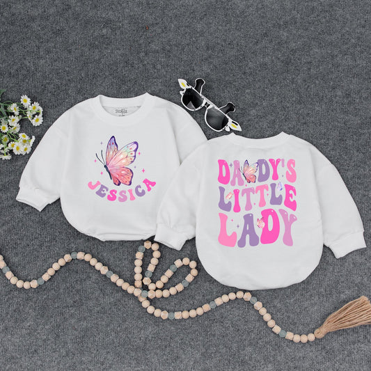 Daddy's Little Lady Baby Bubble Romper Cute Girly Personalized Name Outfit with Pink Purple Stars Father's Day Gift