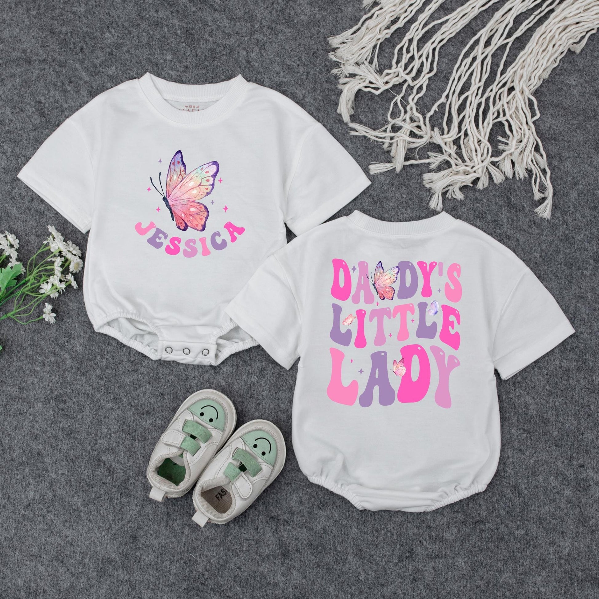 Daddy's Little Lady Baby Bubble Romper Cute Girly Personalized Name Outfit with Pink Purple Stars Father's Day Gift