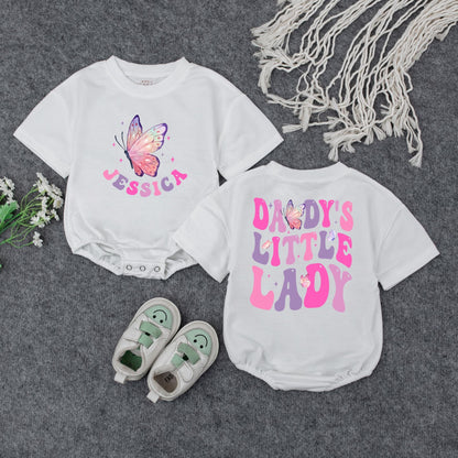Daddy's Little Lady Baby Bubble Romper Cute Girly Personalized Name Outfit with Pink Purple Stars Father's Day Gift