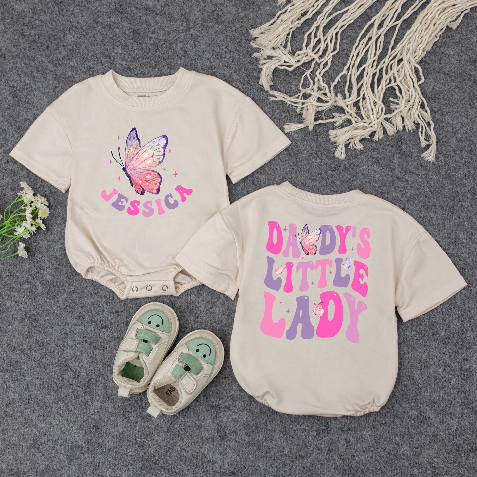 Daddy's Little Lady Baby Bubble Romper Cute Girly Personalized Name Outfit with Pink Purple Stars Father's Day Gift