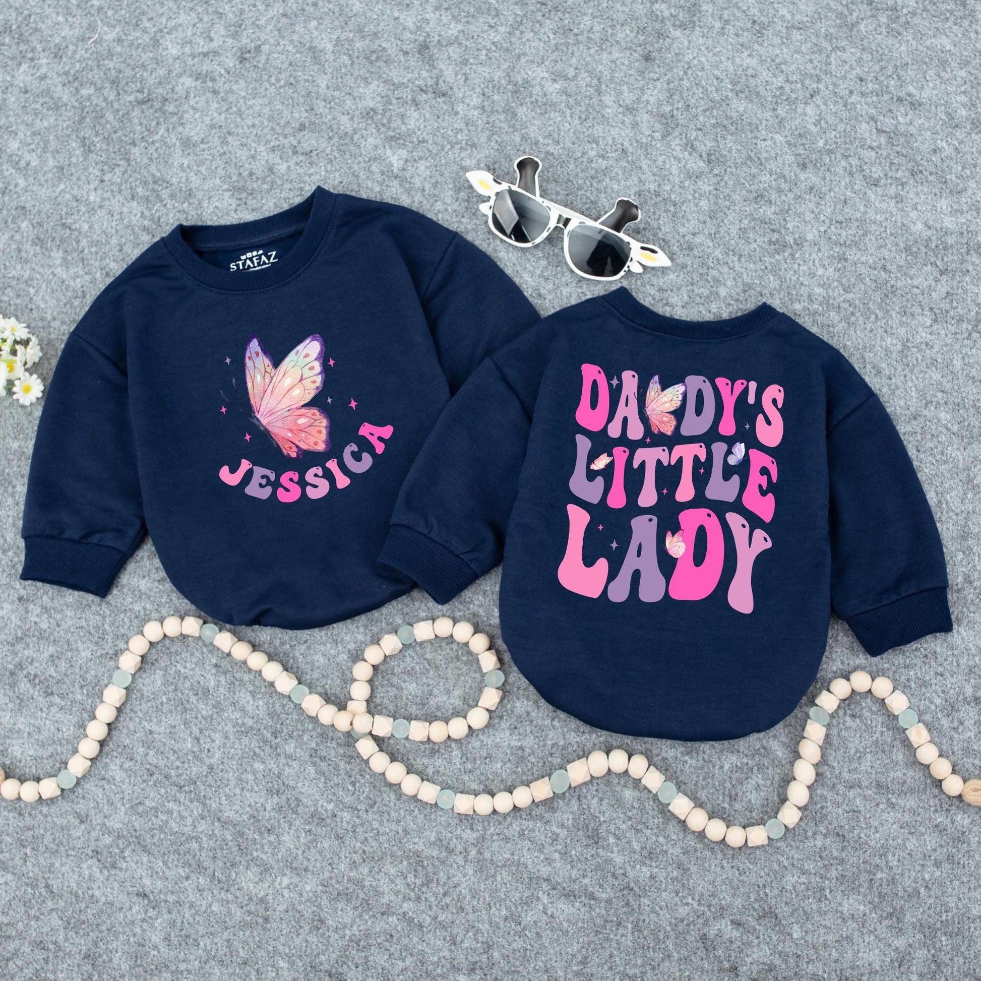 Daddy's Little Lady Baby Bubble Romper Cute Girly Personalized Name Outfit with Pink Purple Stars Father's Day Gift