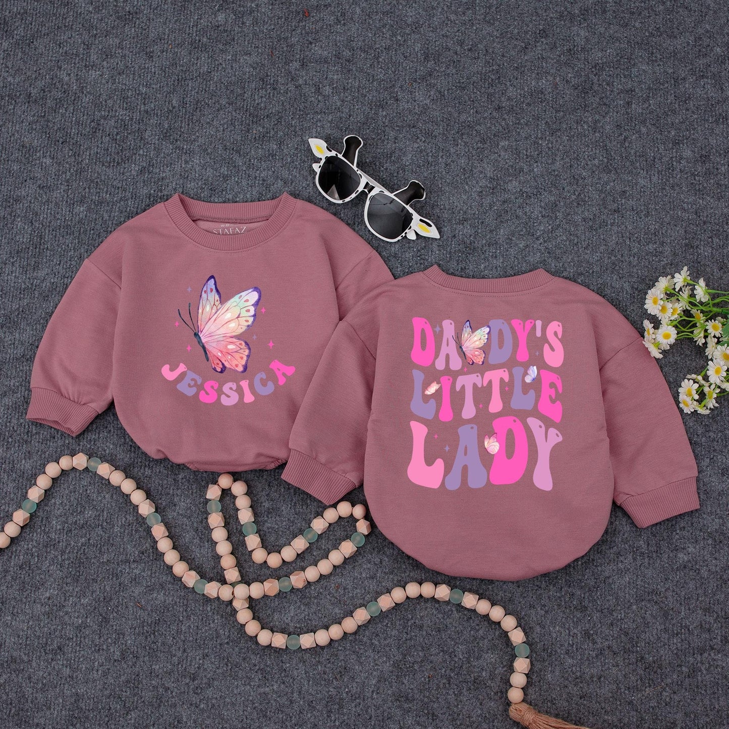 Daddy's Little Lady Baby Bubble Romper Cute Girly Personalized Name Outfit with Pink Purple Stars Father's Day Gift