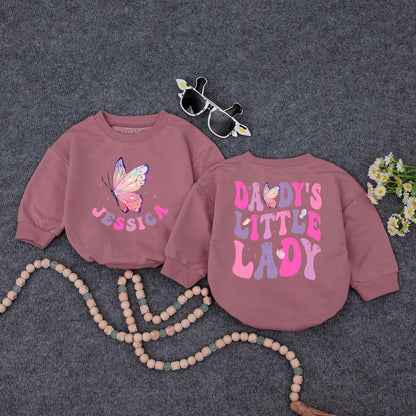 Daddy's Little Lady Baby Bubble Romper Cute Girly Personalized Name Outfit with Pink Purple Stars Father's Day Gift