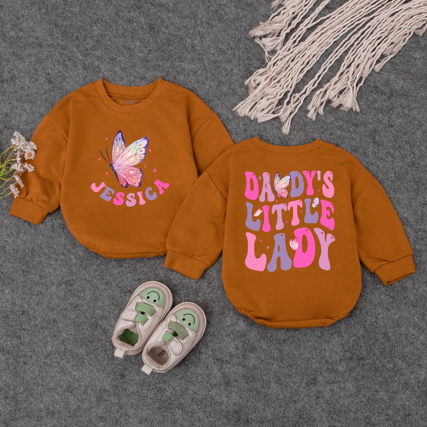 Daddy's Little Lady Baby Bubble Romper Cute Girly Personalized Name Outfit with Pink Purple Stars Father's Day Gift