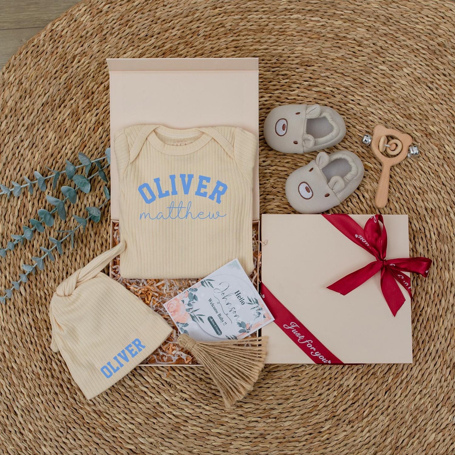 Baby Boy Coming Home Outfit Personalized Romper 'Oliver & Matthew' Blue Block & Script Font, Baby Shower Gift, Custom Name