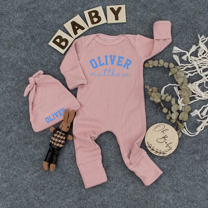Baby Boy Coming Home Outfit Personalized Romper 'Oliver & Matthew' Blue Block & Script Font, Baby Shower Gift, Custom Name
