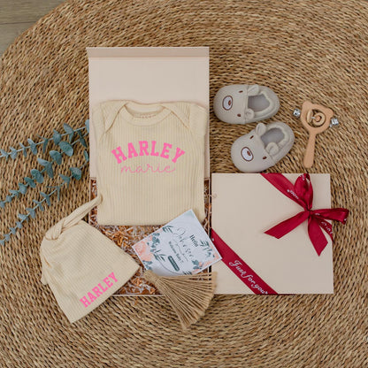 Personalized Baby Girl Coming Home Outfit Vintage Romper & Hat Custom First Middle Names Gender Neutral Newborn Gift