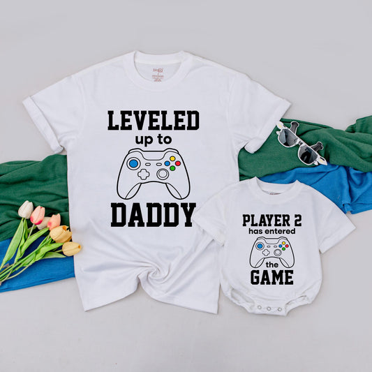 Leveled Up to Daddy T-Shirt Matching Father Son Tee Gamer Dad Gift for Husband Funny First Father's Day