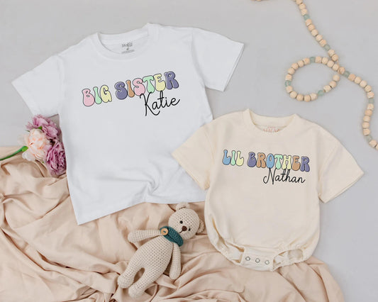 Big Sister Lil Brother Retro Pastel Outfit Custom Name Toddler Girl Baby Boy Matching Sibling Set Announcement Gender Reveal Gift