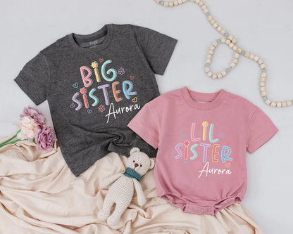 Cute Pastel Sister Matching Outfit Personalized with Name for Toddler and Newborn Sibling Gift Announcement