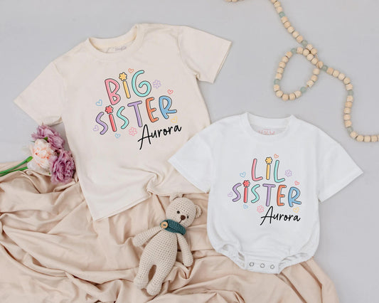 Cute Pastel Sister Matching Outfit Personalized with Name for Toddler and Newborn Sibling Gift Announcement