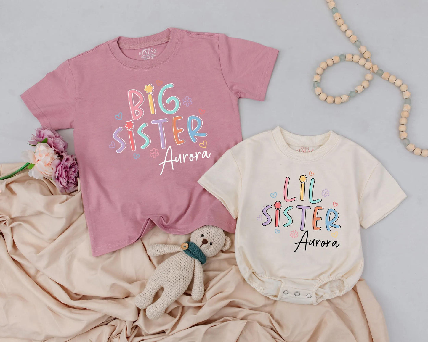 Cute Pastel Sister Matching Outfit Personalized with Name for Toddler and Newborn Sibling Gift Announcement