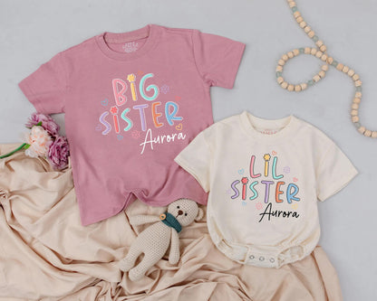 Cute Pastel Sister Matching Outfit Personalized with Name for Toddler and Newborn Sibling Gift Announcement