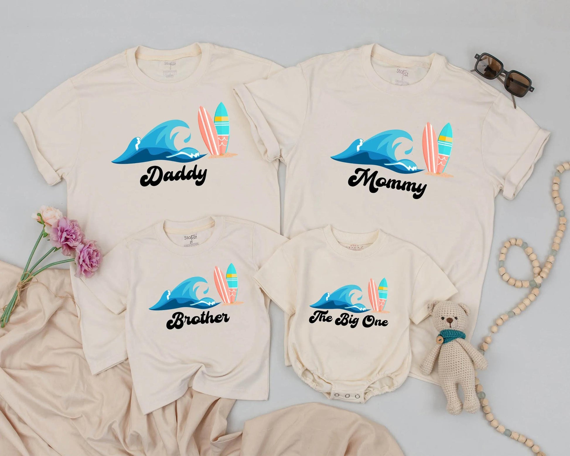 Personalized Matching Family Surf Shirts featuring Ocean Wave & Colorful Surfboards Summer Beach Vacation Birthday Outfit The Big One Theme Gift