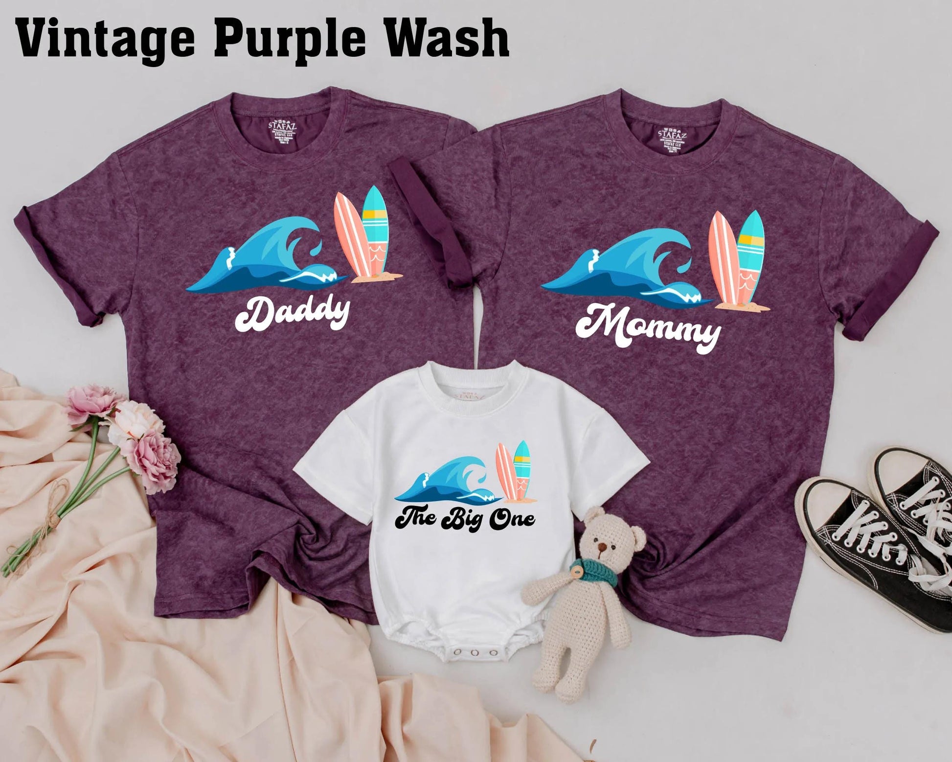 Personalized Matching Family Surf Shirts featuring Ocean Wave & Colorful Surfboards Summer Beach Vacation Birthday Outfit The Big One Theme Gift