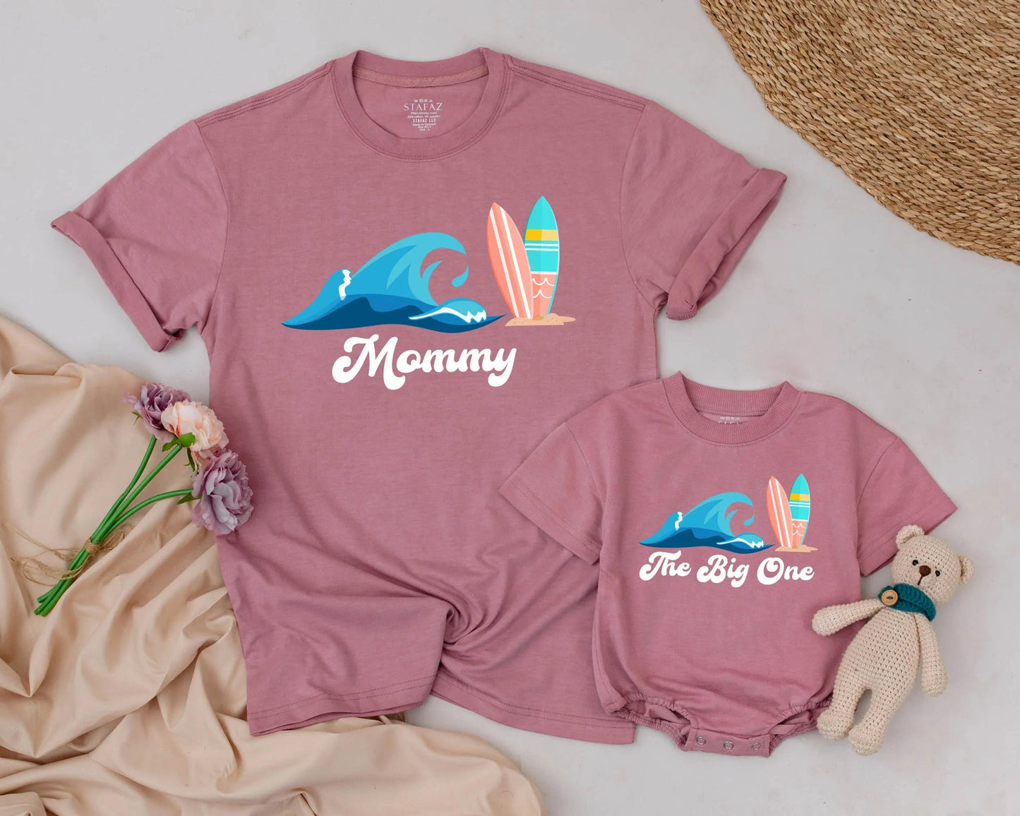 Personalized Matching Family Surf Shirts featuring Ocean Wave & Colorful Surfboards Summer Beach Vacation Birthday Outfit The Big One Theme Gift