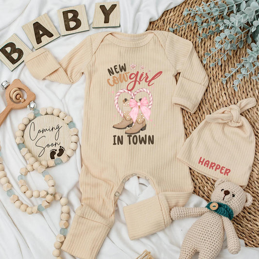 New Cowgirl in Town Baby Girl Bodysuit Cowboy Boots Western Baby Shower Gift Newborn Coming Home Outfit Personalized
