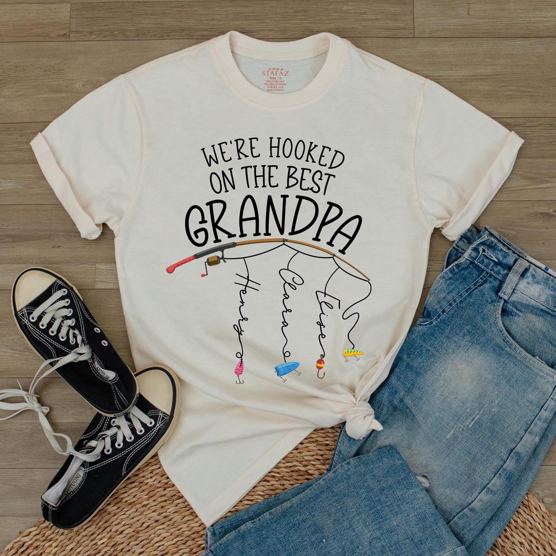 Personalized Grandpa Fishing Shirt, Hooked on Grandpa Gift from Grandkids, Fathers Day Fishing Tee for Dad, Custom Name