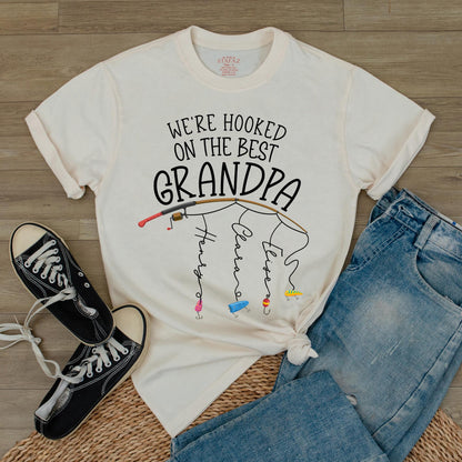 Personalized Grandpa Fishing Shirt, Hooked on Grandpa Gift from Grandkids, Fathers Day Fishing Tee for Dad, Custom Name