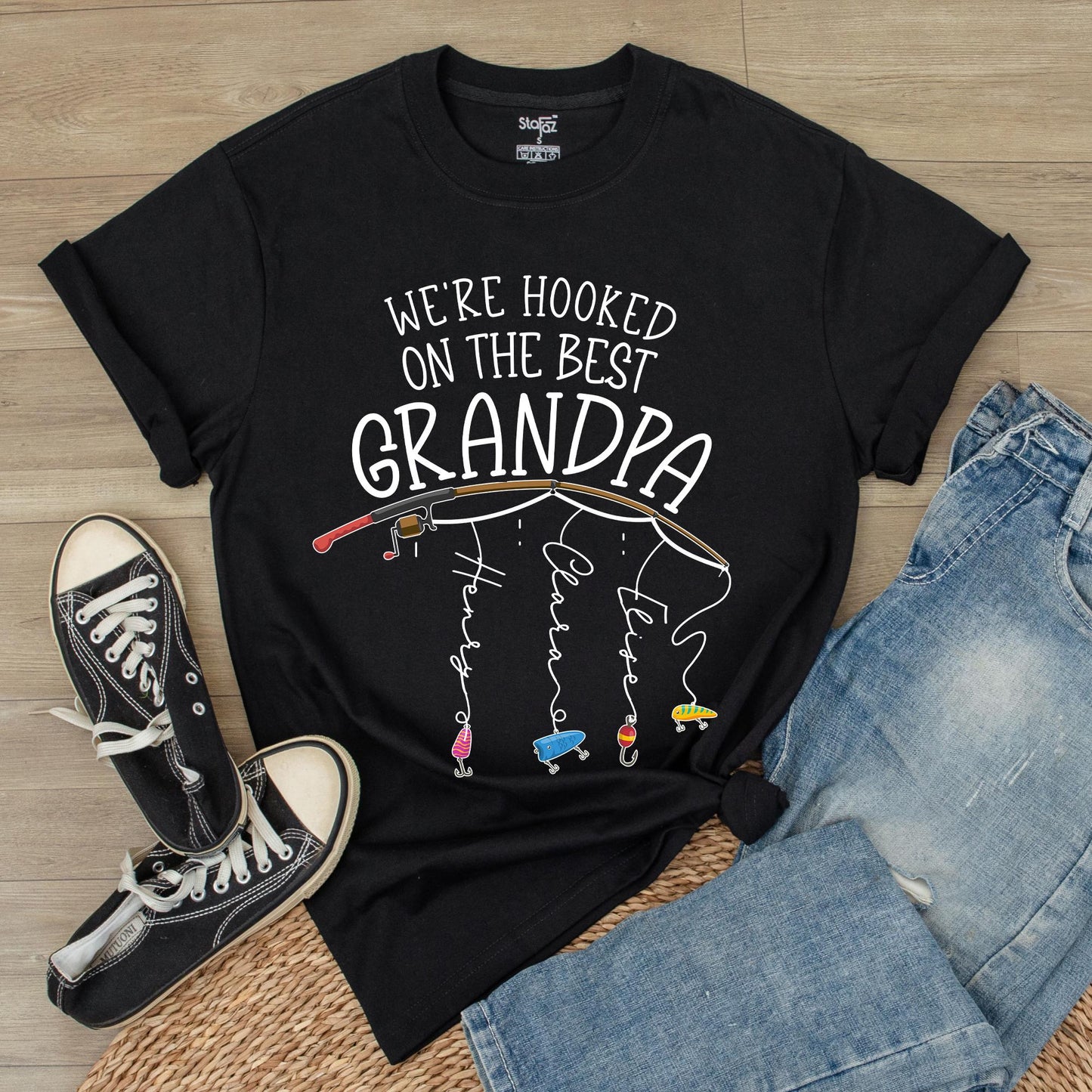 Personalized Grandpa Fishing Shirt, Hooked on Grandpa Gift from Grandkids, Fathers Day Fishing Tee for Dad, Custom Name