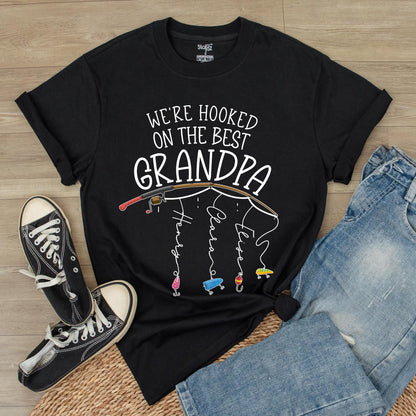 Personalized Grandpa Fishing Shirt, Hooked on Grandpa Gift from Grandkids, Fathers Day Fishing Tee for Dad, Custom Name