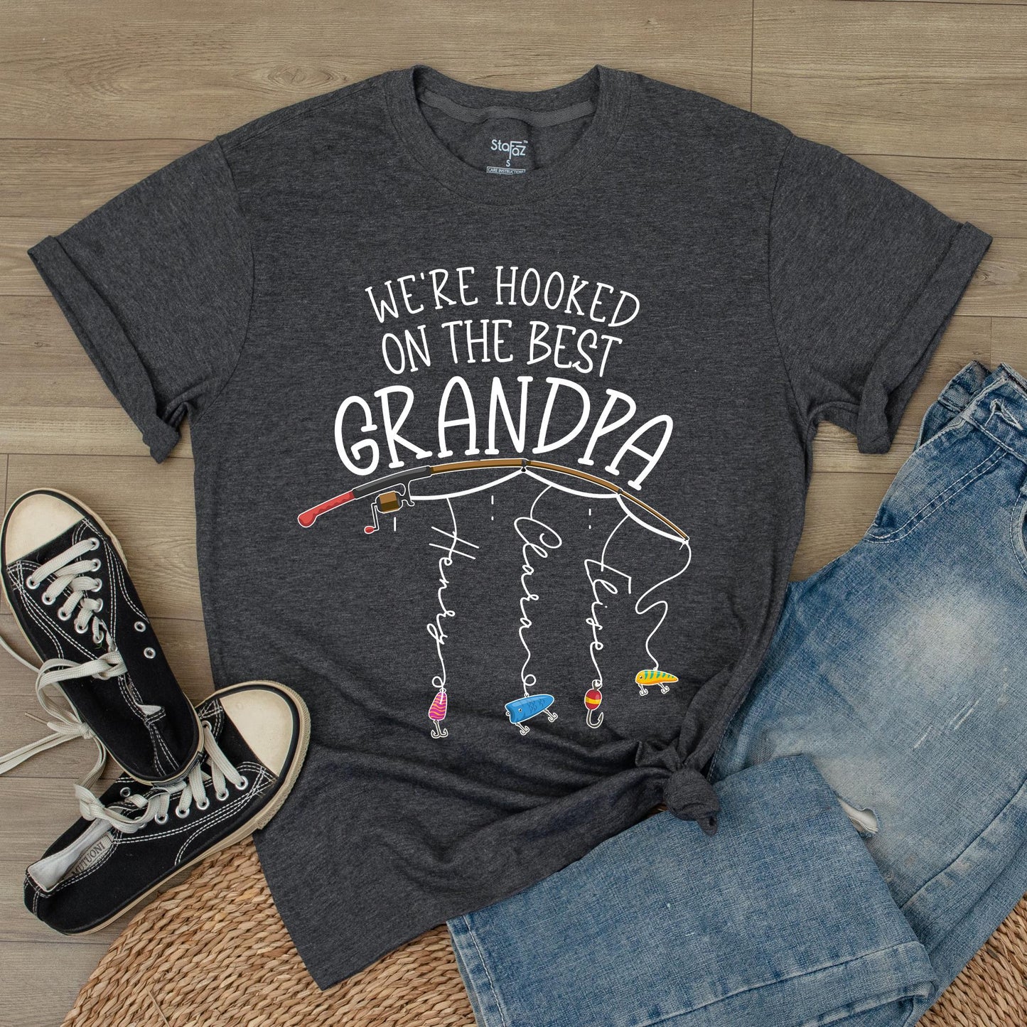 Personalized Grandpa Fishing Shirt, Hooked on Grandpa Gift from Grandkids, Fathers Day Fishing Tee for Dad, Custom Name