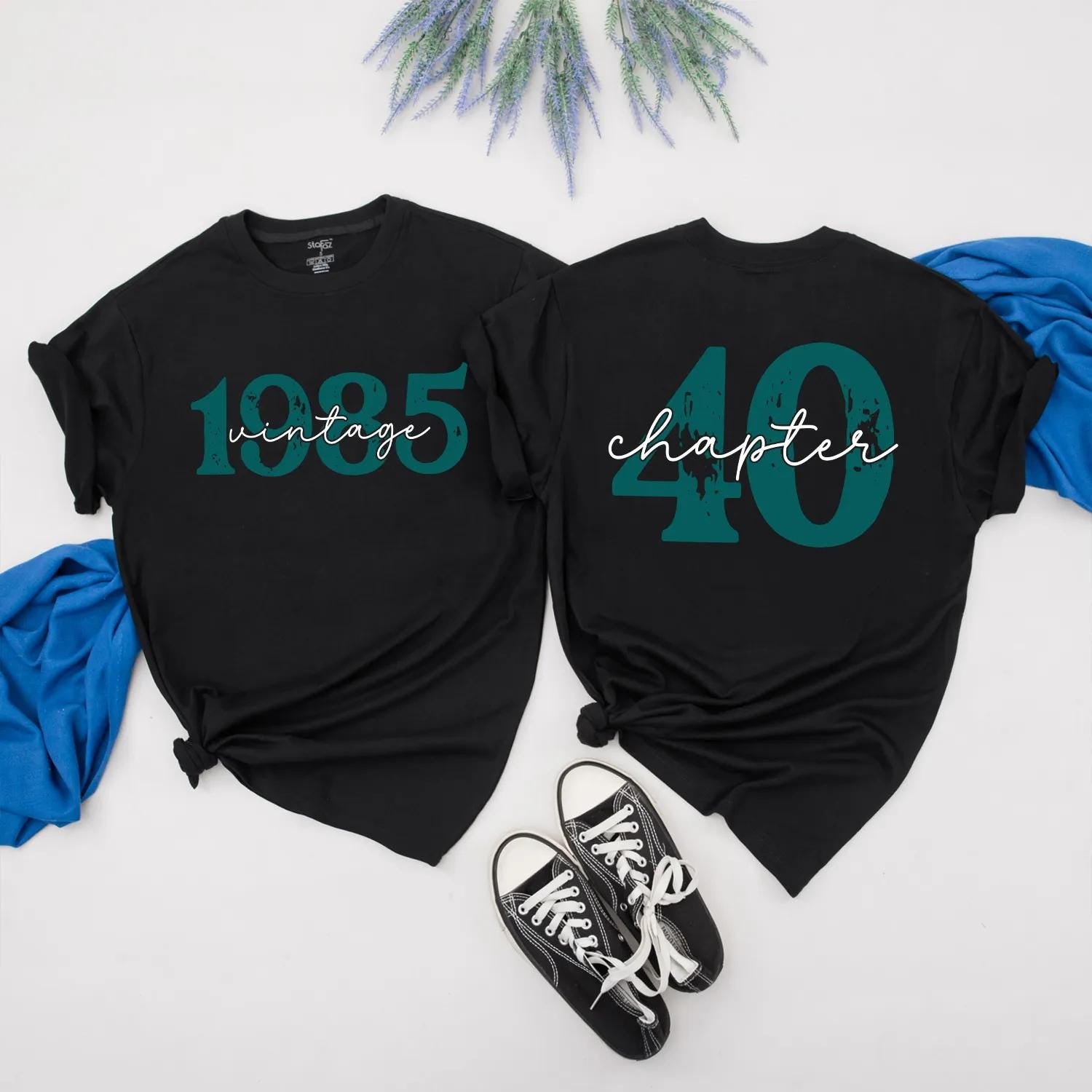 Vintage 1985 Birthday Shirt for Women, Chapter 40 Tee, Retro 40th Gift, Distressed Dark Teal Design, Best Friend Bday, Turning Forty Top (139 chars)