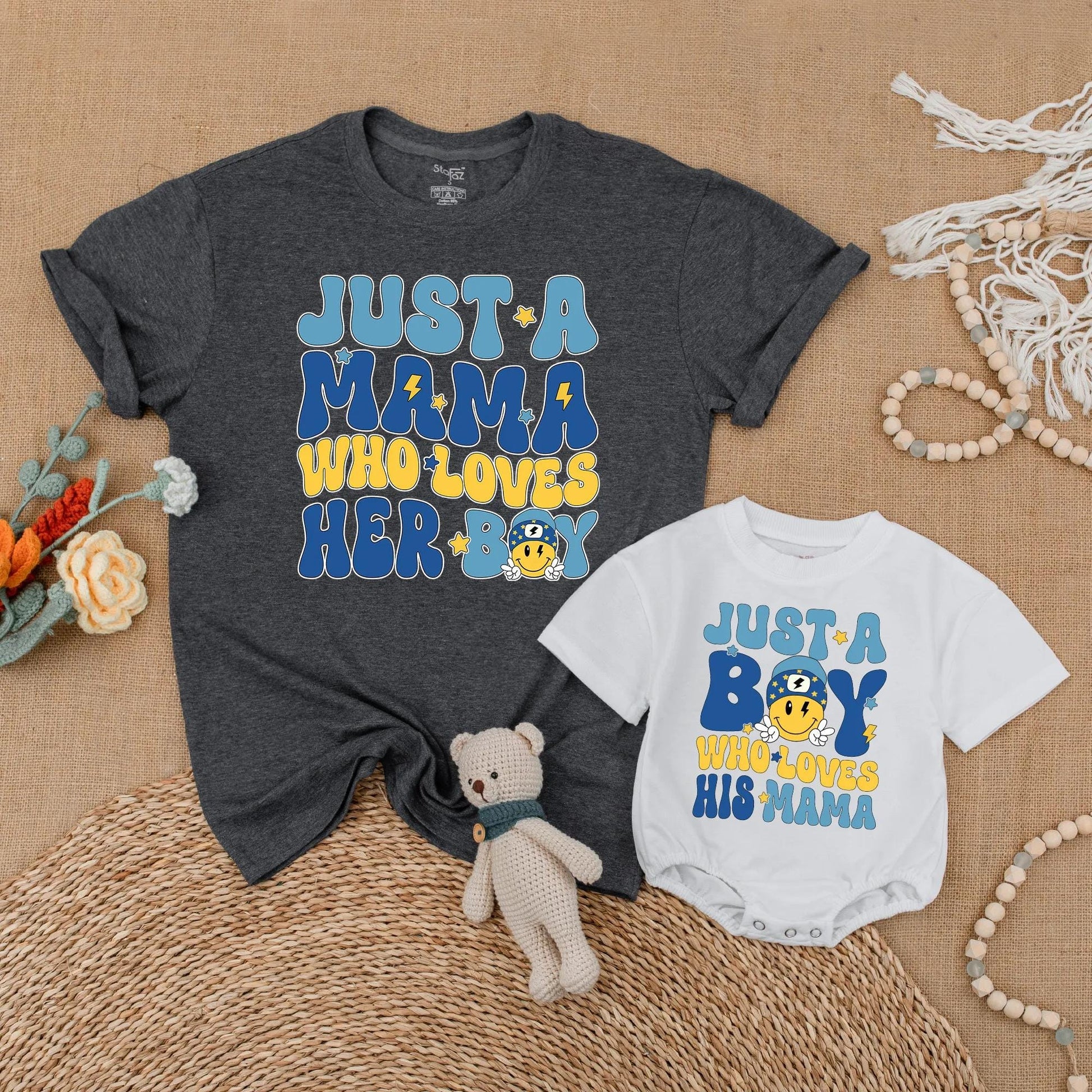 Just A Mama Who Loves Her Boy Matching Mother Son Shirt & Bubble Romper Set Soft Comfortable Cotton Family Outfits New Mom Gift