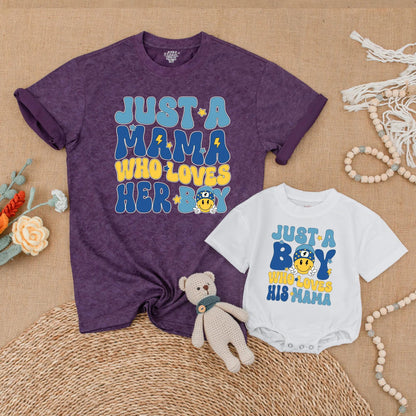 Just A Mama Who Loves Her Boy Matching Mother Son Shirt & Bubble Romper Set Soft Comfortable Cotton Family Outfits New Mom Gift