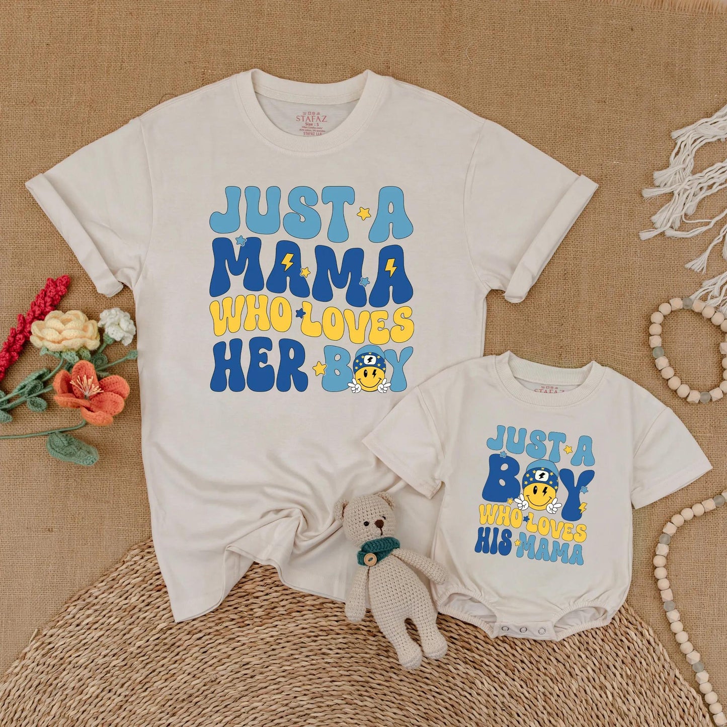 Just A Mama Who Loves Her Boy Matching Mother Son Shirt & Bubble Romper Set Soft Comfortable Cotton Family Outfits New Mom Gift