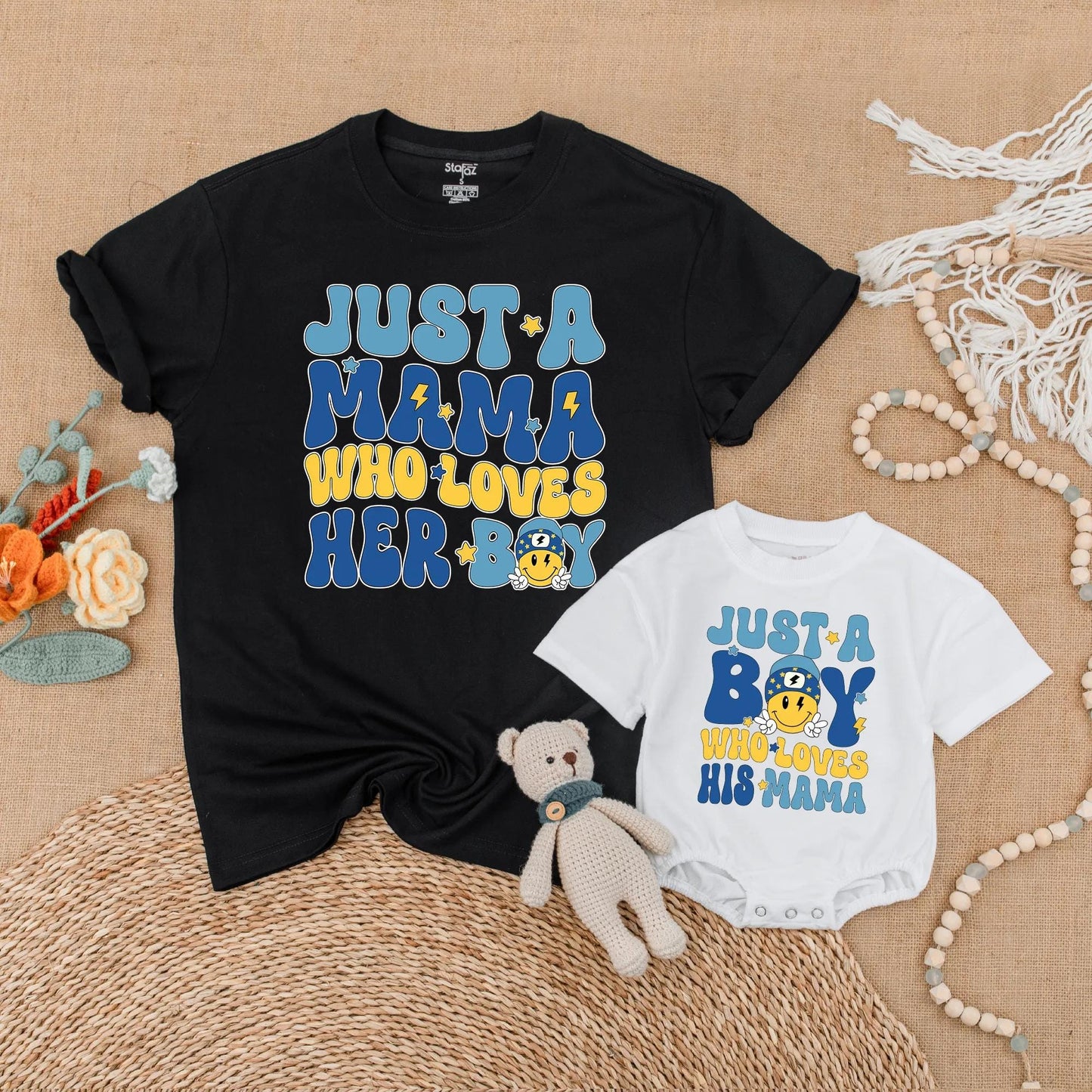 Just A Mama Who Loves Her Boy Matching Mother Son Shirt & Bubble Romper Set Soft Comfortable Cotton Family Outfits New Mom Gift
