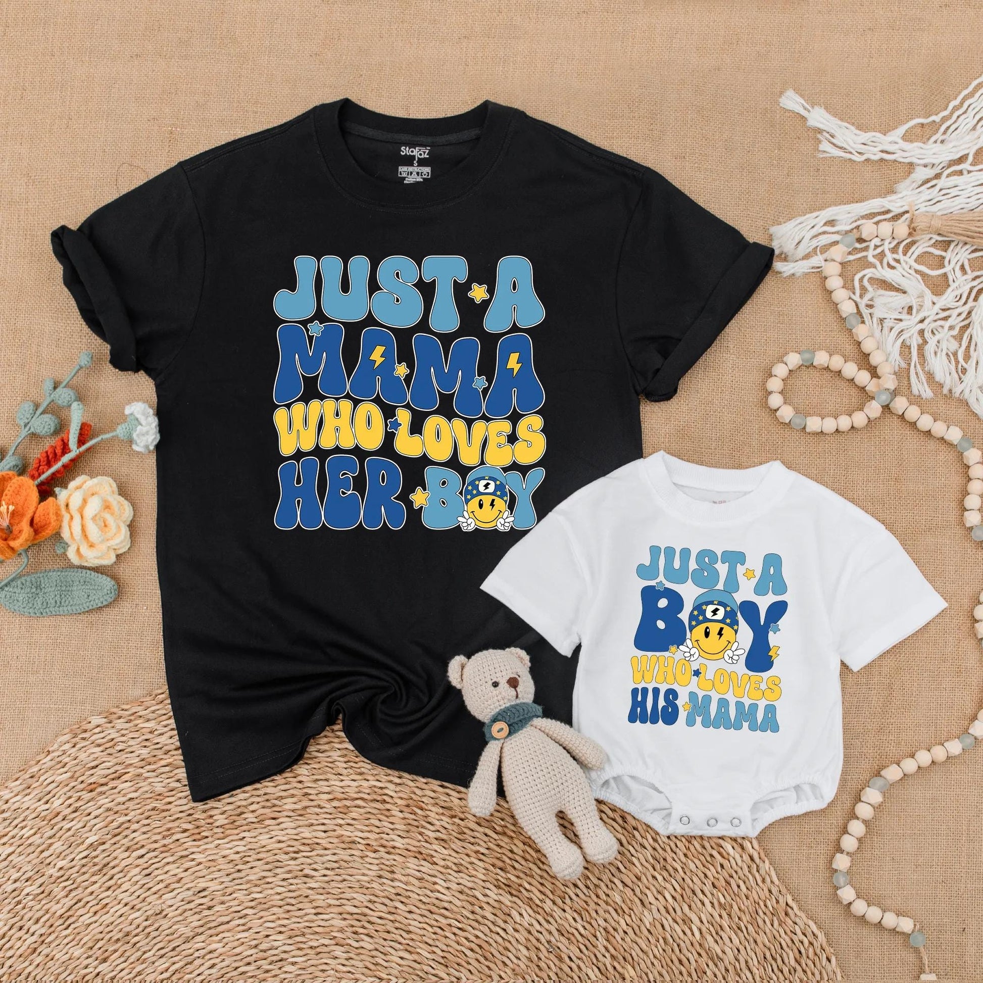 Just A Mama Who Loves Her Boy Matching Mother Son Shirt & Bubble Romper Set Soft Comfortable Cotton Family Outfits New Mom Gift
