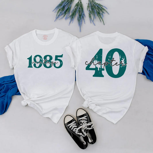 Vintage 1985 Birthday Shirt for Women, Chapter 40 Tee, Retro 40th Gift, Distressed Dark Teal Design, Best Friend Bday, Turning Forty Top (139 chars)