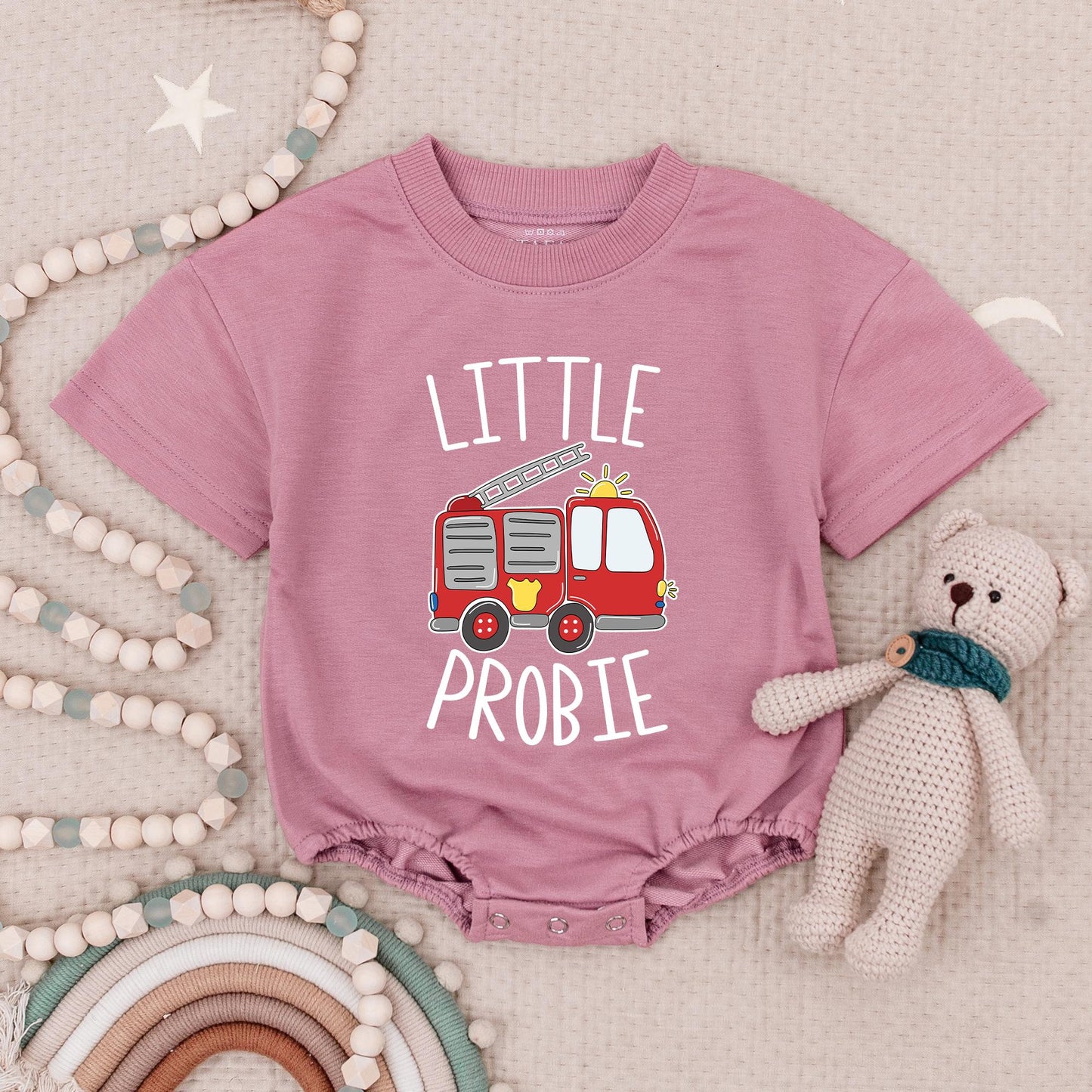 Little Probie Firetruck Baby Romper, Future Firefighter Bodysuit, Playful Truck Design, Baby Fireman Gift, Red Truck Accents, Firewoman Baby Shower Outfit