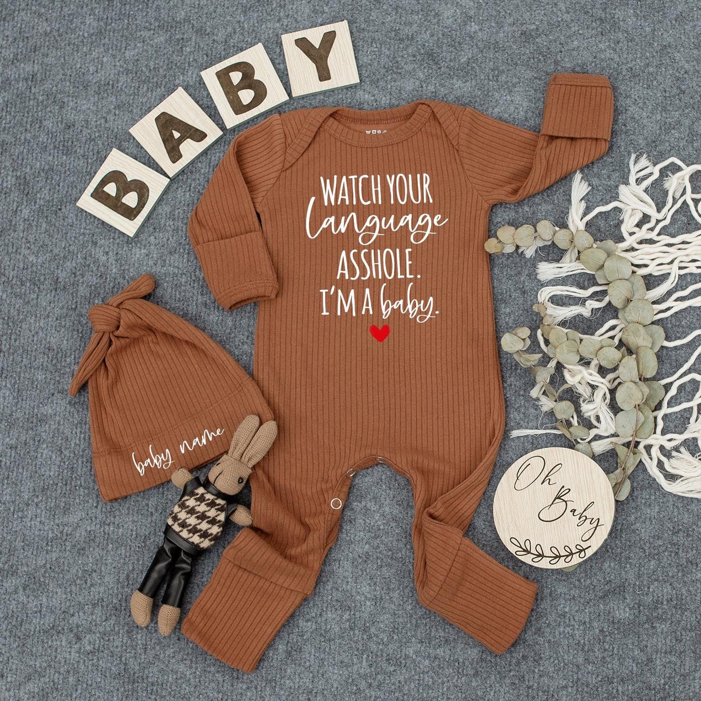 Watch Your Language Baby Outfit, I'ma Baby Bodysuit with Heart, Custom Name Hat, Hipster Newborn Coming Home Set, Funny Infant Gift 130-140 Chars