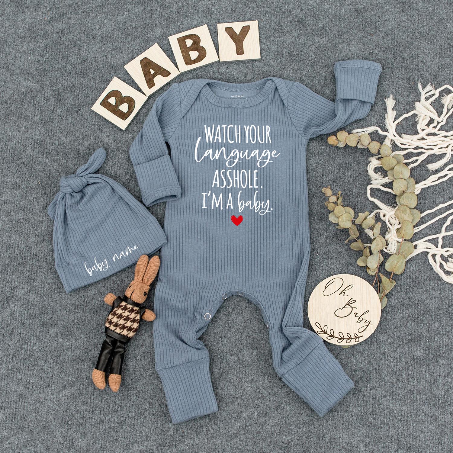 Watch Your Language Baby Outfit, I'ma Baby Bodysuit with Heart, Custom Name Hat, Hipster Newborn Coming Home Set, Funny Infant Gift 130-140 Chars