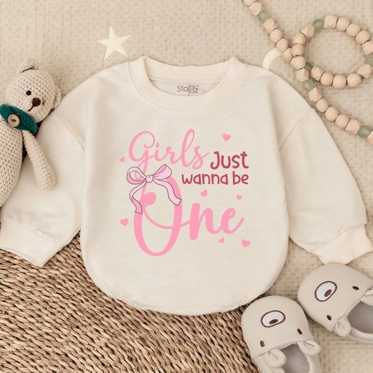 Girls Just Wanna Be One Pink Long Sleeve Bubble Romper Adorable First Birthday Baby Girl Outfit Toddler Party Clothes Sweet Baby Shower Gift