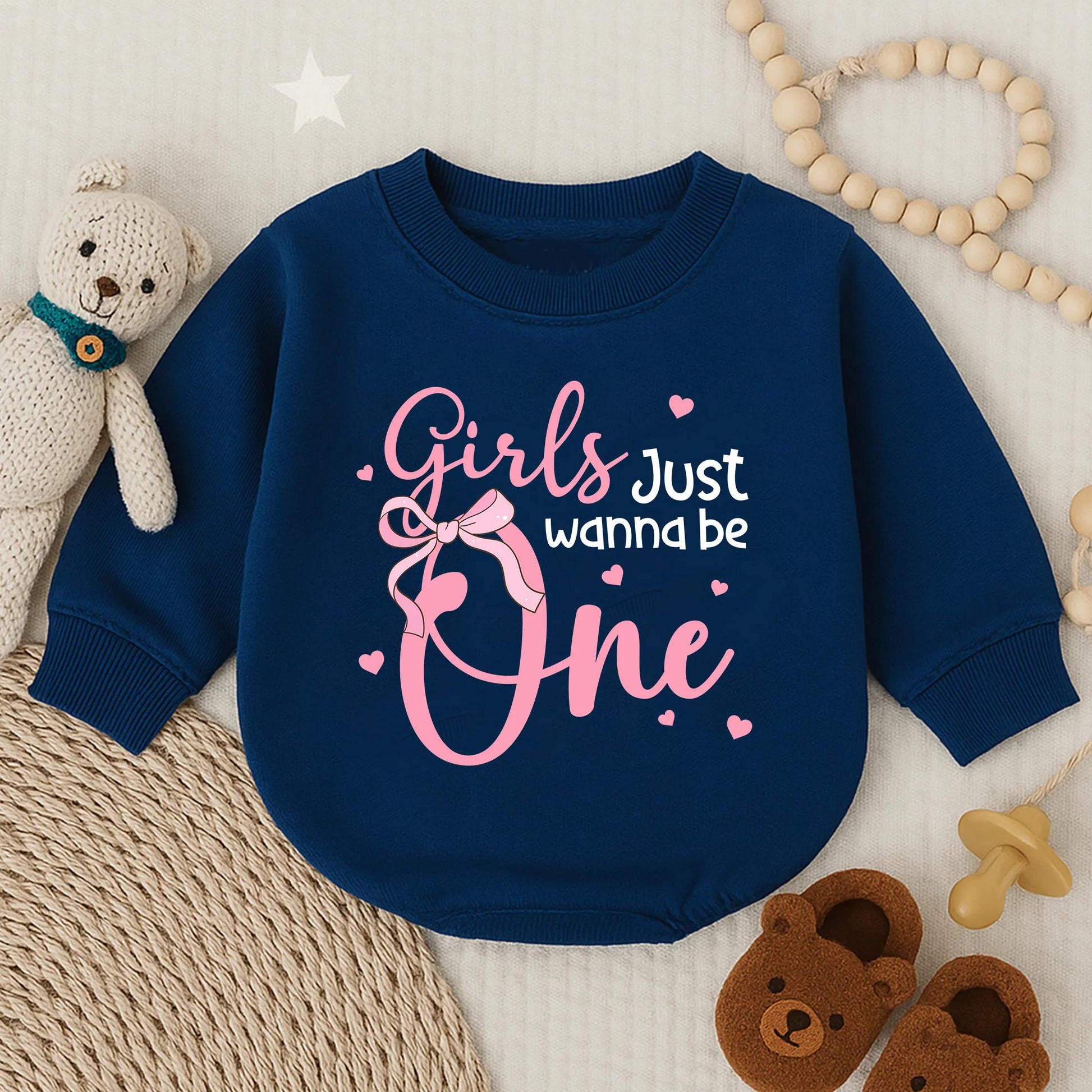 Girls Just Wanna Be One Pink Long Sleeve Bubble Romper Adorable First Birthday Baby Girl Outfit Toddler Party Clothes Sweet Baby Shower Gift