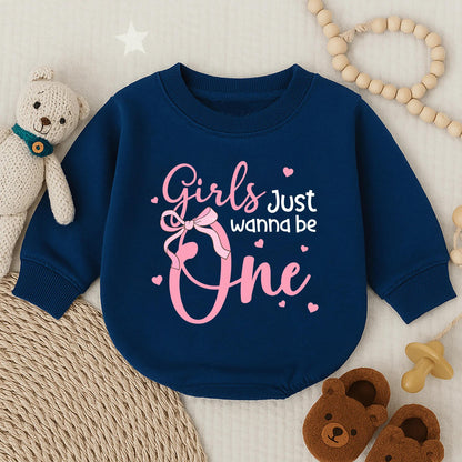 Girls Just Wanna Be One Pink Long Sleeve Bubble Romper Adorable First Birthday Baby Girl Outfit Toddler Party Clothes Sweet Baby Shower Gift
