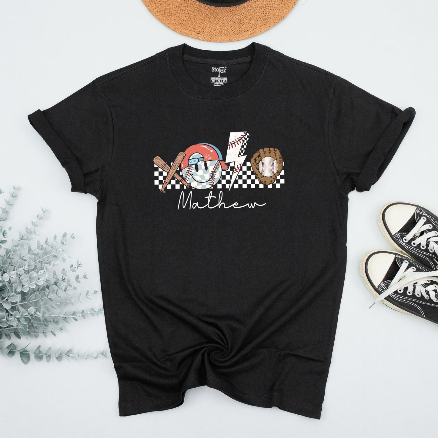 Personalized Retro Baseball Baby Outfit: Crossed Bats & Glove, Custom Name, Gameday Season Tee, Sporty Infant Kid Gift Set, Brown Red Blue, Matthew Script 138 chars